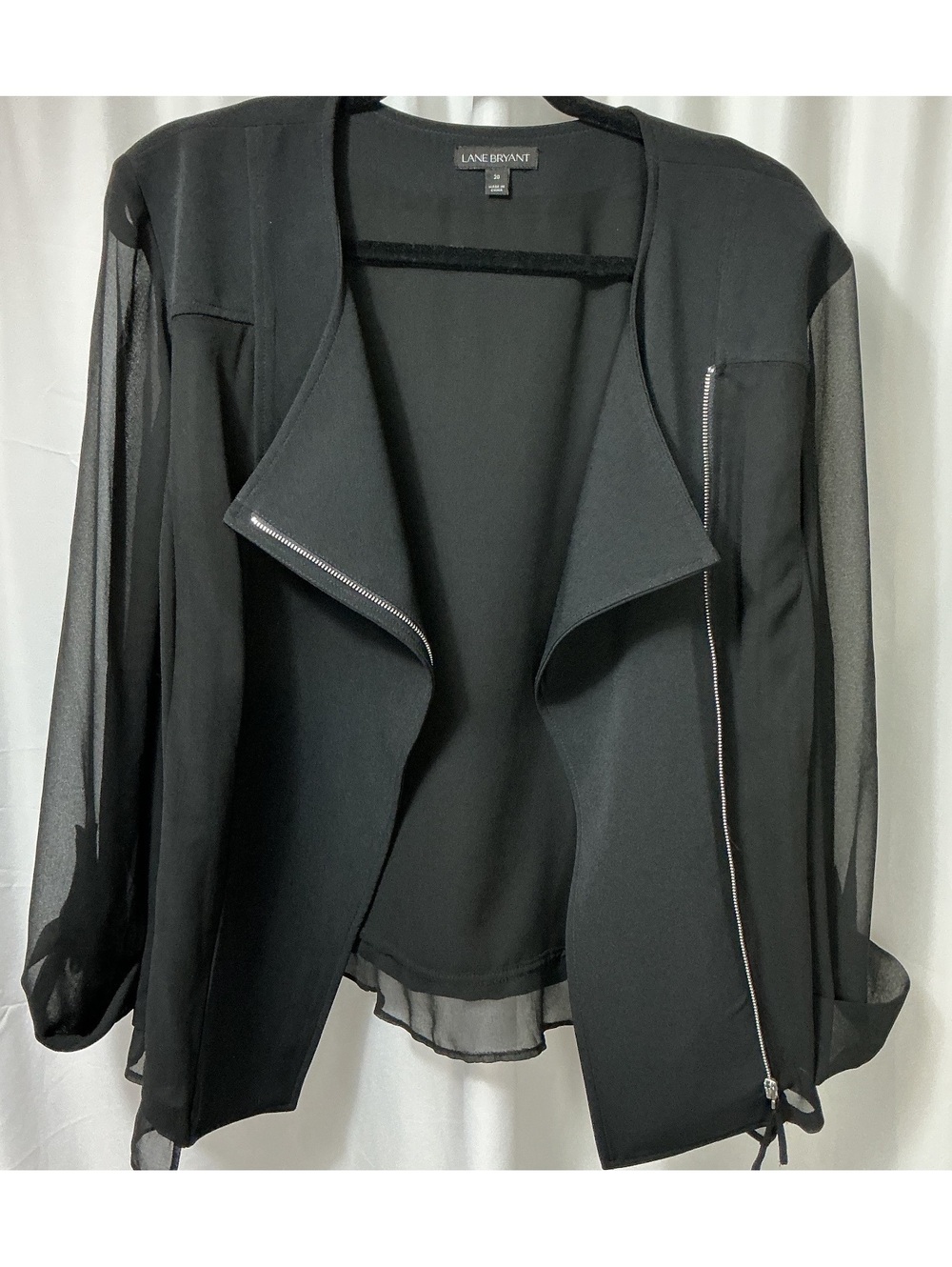 Lane Bryant Women’s 20 Black Mixed Media Sheer Sleeve Zip Top Office curvy plus